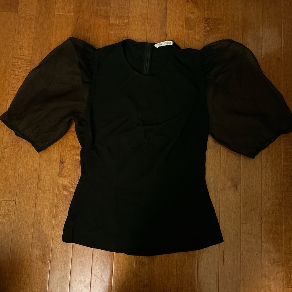 Zara Black Sheer Puff Sleeve Blouse
